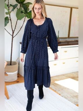 Emerson Fry India Collection Lucy Lake Dress Maritime Gold Dot Maxi Dress L